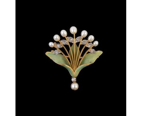 A French Art Nouveau diamond, pearl and enamel brooch, circa 1905, the trio of textured green enamelled leaves with a spray o