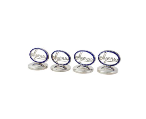 A set of four silver and enamel menu holders by Levi & Salaman, Birmingham 1910 (1), 1912 (1) and 1913 (2), with blue enamel 