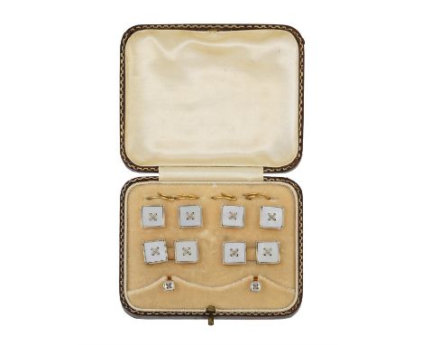 Y An Art Deco mother of pearl gentleman's dress set, circa 1920, the pair of cufflinks and four buttons composed of squared o