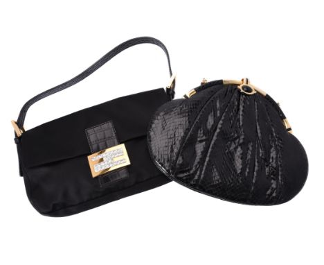 Y Fendi, Baguette, a black silk and leather handbag, the silk bag with faux crocodile leather handle and detailing, the signe