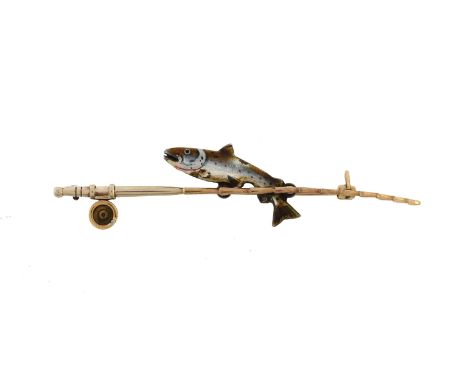 A early 20th century enamelled salmon and fishing rod brooch by Alabaster & Wilson, the leaping salmon with naturalistic enam