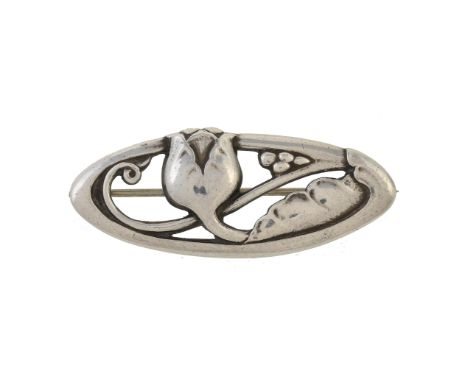 A 1950s silver brooch by Georg Jensen, No 178, the pierced oval panel with flower, leaf and scroll detail, the reverse with G