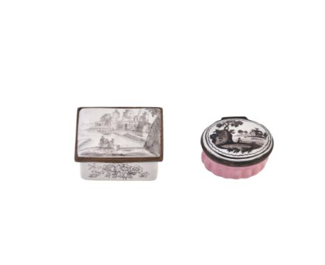 An 18th century South Staffordshire enamel rectangular box, the cover painted with a river running through a town, the body p