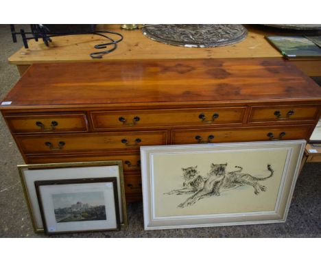 REPRODUCTION YEW WOOD VENEERED NINE DRAWER SIDEBOARD ON BRACKET FEET, 152CM WIDE