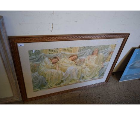 COLOURED PRINT, INTERIOR SCENE WITH THREE SLEEPING LADIES, FRAMED, 115CM WIDE
