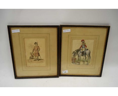FRAMED STUDY 'TRUMPETER 1ST LIGHT GUARDS CIRCA 1828', WATERCOLOUR, F/G TOGETHER WITH A FURTHER COLOURED PRINT OF A MILITARY F