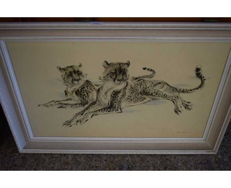 RALPH THOMPSON, STUDY OF TWO CHEETAHS, COLOURED PRINT, FRAMED