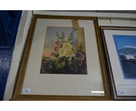 STUDY OF A SPRAY OF HOLLYHOCKS, COLOURED PRINT, GILT FRAMED
