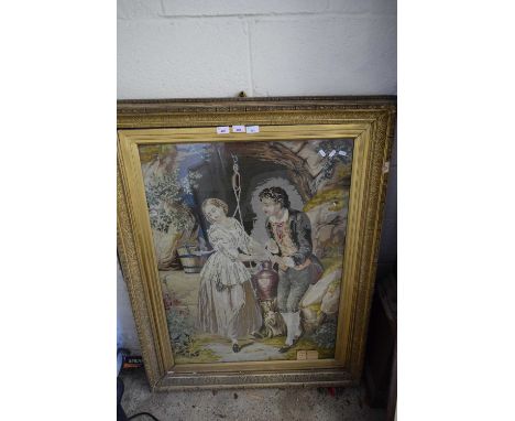 LARGE 19TH CENTURY TAPESTRY PICTURE OF LOVERS SET IN A HEAVY GILT FRAME