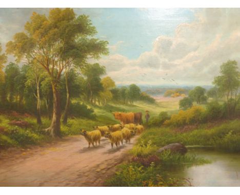 Edward Heaton (19th century),Sheep down a country lane,signed E. Heaton and O. King,oil on canvas,39.5 x 60 cm   CONDITION RE
