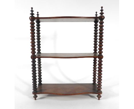 Miniature Furniture: a rosewood three tier shelf with bobbin turned supports, w. 30 cm   CONDITION REPORT:  30 x 39 x 12 cm. 