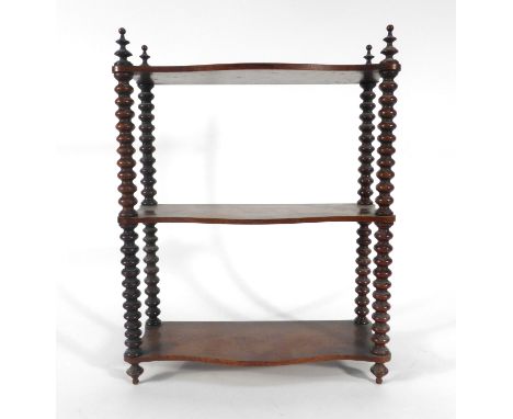 Miniature Furniture: a rosewood three tier shelf with bobbin turned supports, w. 30 cm   CONDITION REPORT:  30 x 39 x 12 cm. 