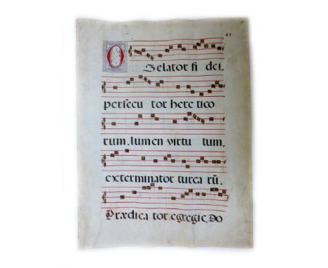 Three manuscript elephant folio antiphonal leaves on vellum, 16th century, double-sided, each side with five, five-line stave