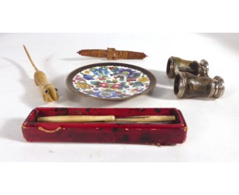 A group of collectable's including a carved foliate needle holder, a snuff box in the form of a shoe etc.
