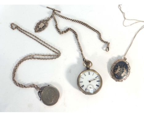 A silver cased open face pocket watch, the white enamel dial with black Roman numerals and second hand section on a silver cu