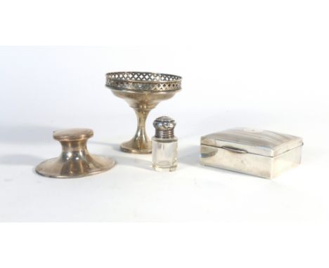 A silver and engine turned cigarette box of rectangular form, a silver capstan-type inkwell, a small tazza and a silver mount