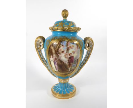 A 19th century Sevres-style two handled covered vase of urn shaped form having two hand painted panels depicting figures and 