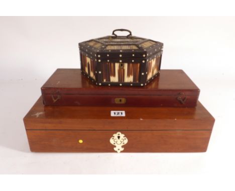 An early 20th century walnut and ivorine inlaid box, w. 40.5 cm, together with a porcupine quill box and a cased geometry set
