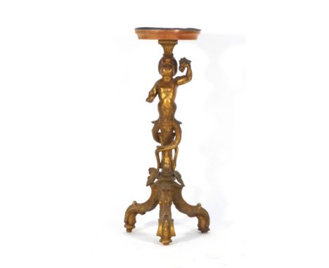 A Louis XV-type giltwood side table, the leaded surface on a figural column and tripod base, h. 93 cm CONDITION REPORT: Top s