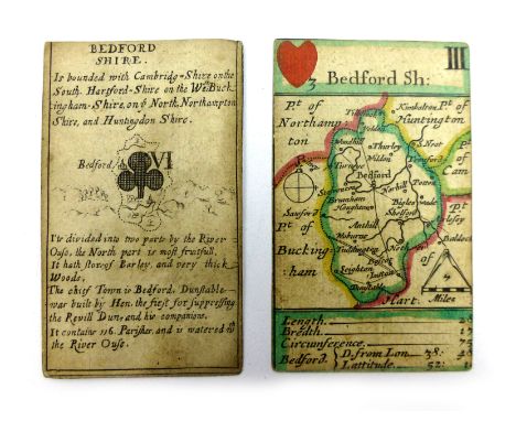 Robert Morden : Playing cards - III of Hearts - Map of Bedfordshire, ( also featuring sections of neighbouring counties, a 'D