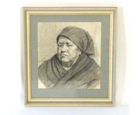 20th century School,A head and portrait study of an elderly lady,indistinctly signed,pencil sketch,33 x 30.5 cm   CONDITION R
