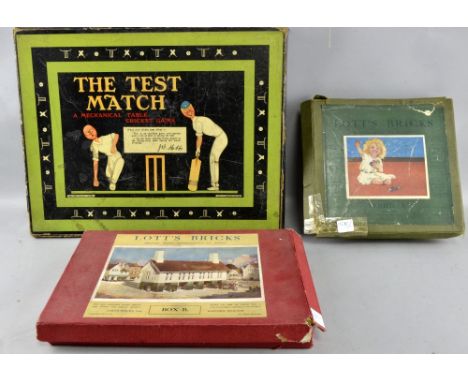 Chad Valley 'The Test Match' mechanical cricket game and two sets of Lott's bricks, all boxed,