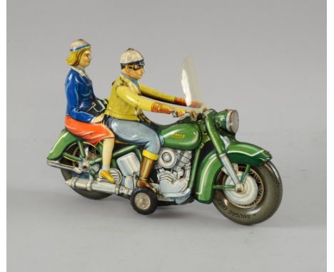 Tippco, Germany , tinplate, 1950s Harley Davidson friction driven motorcycle with rider and passenger 23.5cms long  (see Tipp