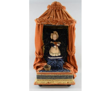 Victorian musical automaton, a girl violinist doll with bisque head and hands, on plinth base with canopy, including possibly