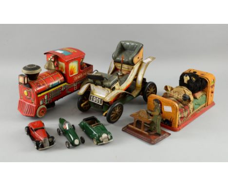 Csengos Mozdony Bell Ringer tin locomotive train engine. Made by E. Flim Lemez , Linemar sleeping bear, tinplate knife sharpe