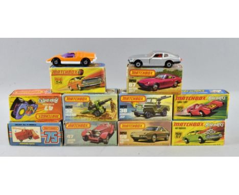 Matchbox vehicles Porsche 59, Datsun 67, Combine Harvester 51, Jaguar 47, Field Gun 32, Beach Hopper 47, Hot Rocker 67, Turbo
