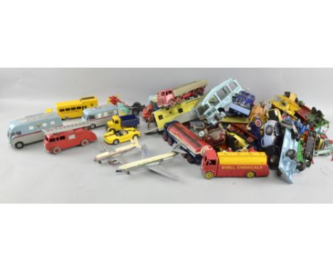 Collection of play worn vehicles to include Dinky Supertoys Fire Engine, Foden trucks, Heavy Tractor, Transmitter Van, TV Mob