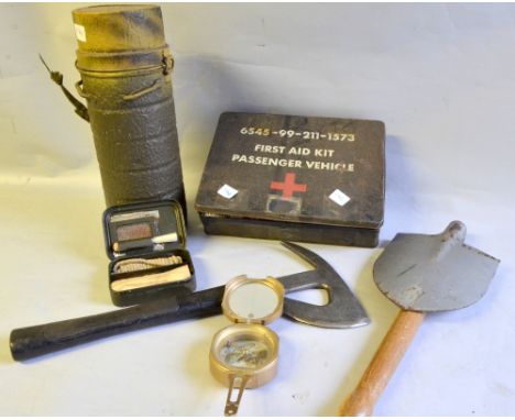 Brass Marching Compass, Entrenching Tool, Passanger Vehicle First Aid Kit with Contents, Flask, Axe, etc.,