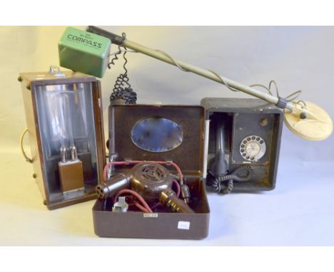 Wall phone, suntan lamp, Bakelite hair dryer & metal detector,