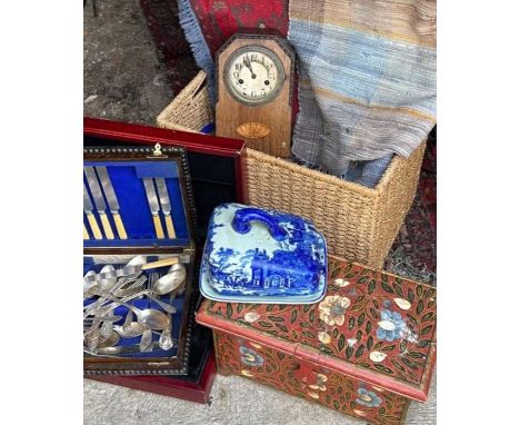 A collection of various items, painted trunk, pottery, clock rugs&nbsp;&nbsp;and other items&nbsp;