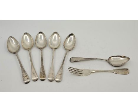 Six Victorian silver old English pattern dessert spoons, London 1839, makers mark rubbed, together with a George III silver o