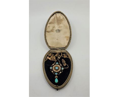 An Edwardian precious yellow metal, opal and pearl pendant, of openwork circular form, having bezel set circular cabochon opa