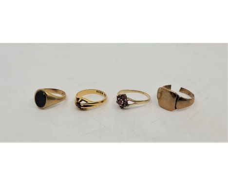 A 9ct. gold and bloodstone set signet ring, size UK L 1/2 (gross weight 2.7g), together with an 18ct. gold and garnet ring, s