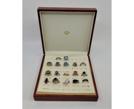 Seventeen various silver and white metal rings set semi-precious gem stones, to include: Amethyst, garnet, topaz, turquoise e
