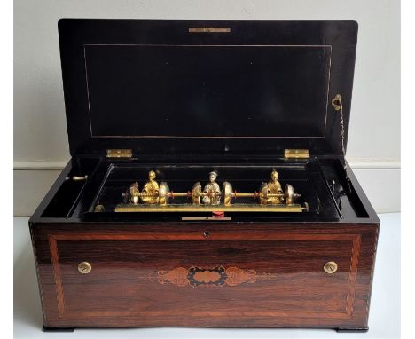 A scarce 19th century ebonised, walnut and fruitwood inlaid musical box by Henry Bendon &amp; Co,&nbsp;Switzerland, c.1865, t