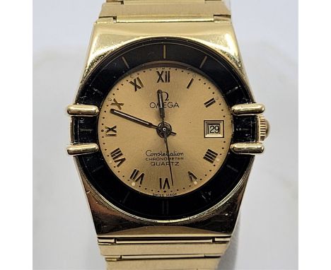 An 18ct. gold Omega Constellation ladies'&nbsp;quartz chronometer bracelet watch, cal.1382, having signed circular Roman nume