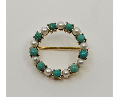 A precious yellow metal, turquoise and pearl brooch,&nbsp;the ring form mount set alternating round cabochon turquoise and pe