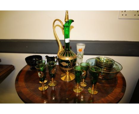 Green and gilt glass decanter, six glasses (A/F) and mixed glass