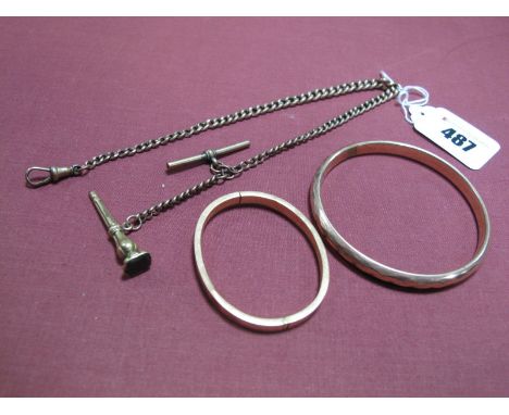 A Graduated Albert Chain, to single swivel, stamped "9ct", suspending T-bar and hardstone inset pocketwatch key, together wit