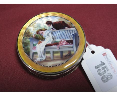 A Hallmarked Silver and Enamel Lady's Compact, PHV, bearing import marks for London 1924, depicting lady sleeping against a c