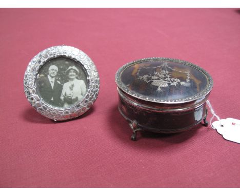 A Hallmarked Silver and Tortoiseshell Trinket Pot, (makers mark indistinct) Birmingham 1909, of circular form, with garland s