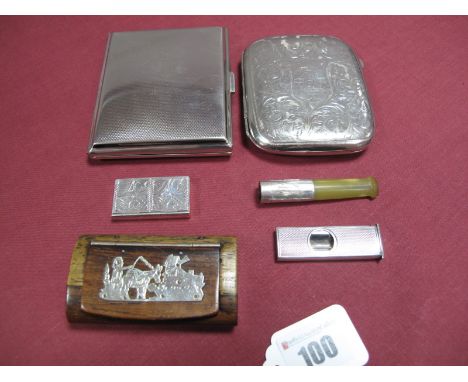 A Hallmarked Silver Cigar Cutter, engine turned; A Two Compartment Box, 4cms wide; Hallmarked Silver Mounted Cheroot Holder, 