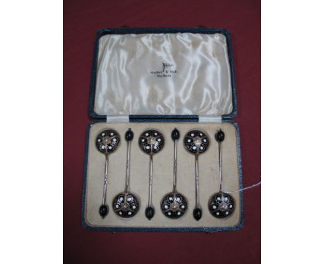 A Set of Six Hallmarked Silver and Enamel Teaspoons, Walker &amp; Hall, Birmingham 1935, each circular bowl highlighted in bl