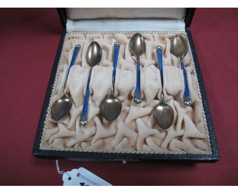 David Andersen; A Set of Six Norwegian Coffee Spoons, stamped "925", each silver gilt and highlighted in blue and white ename