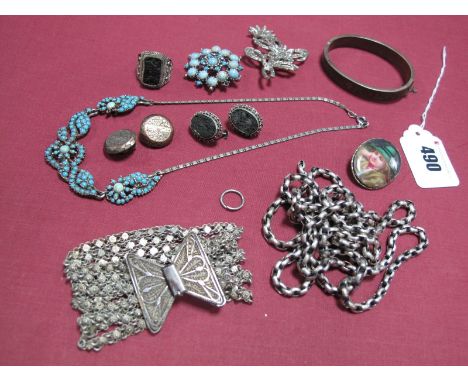 An Oval Belcher Link Guard Type Chain, (lacking clasp); together with a six row bracelet, to hinged panel clasp, a ring, earr