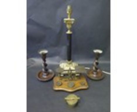 A Decorative Column Table Lamp, Postage Scales &amp; A Pair Of Wooden Barley Twisted Candlesticks.